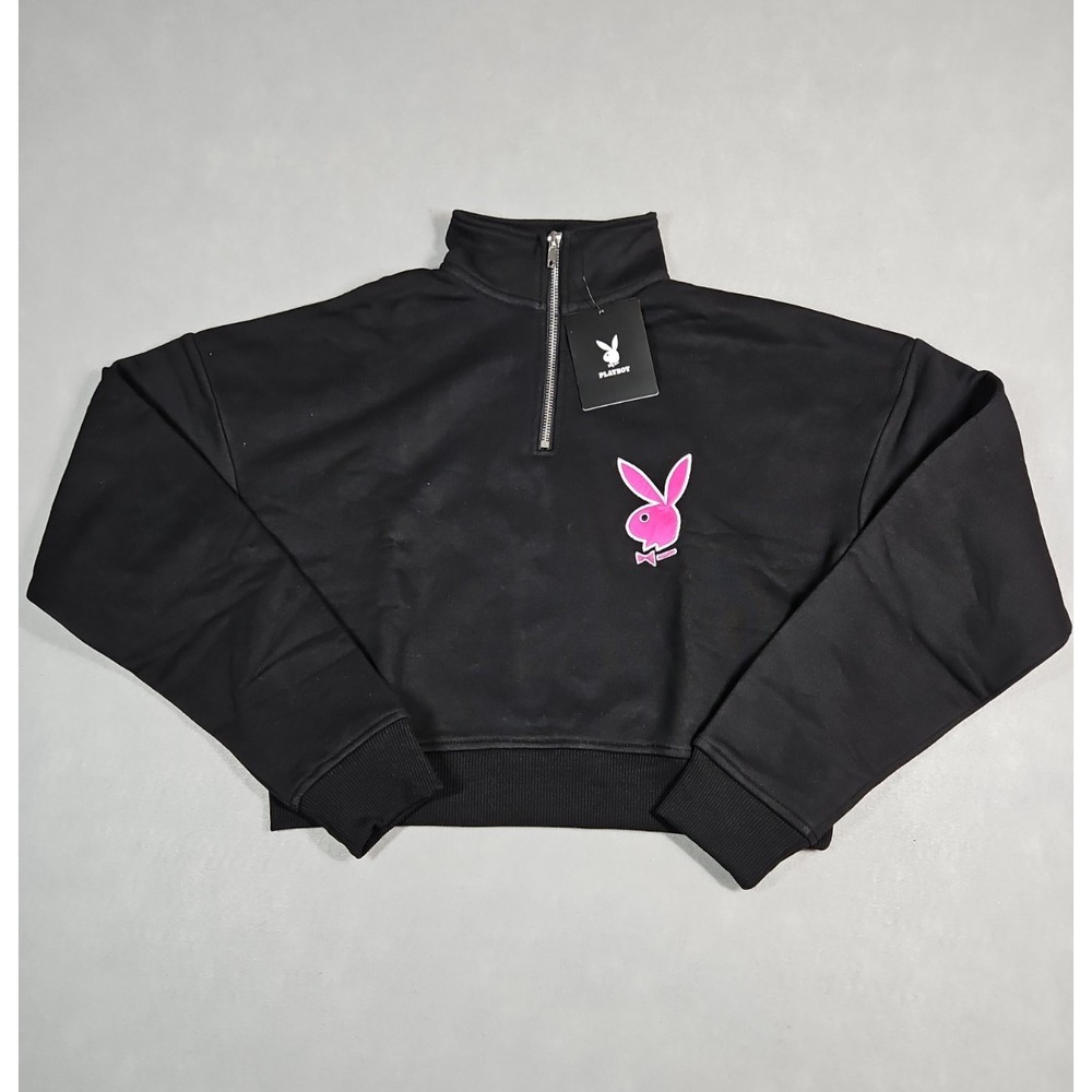Playboy Womens Black 1/4 Zip Cropped Sweatshirt Size Small NWT